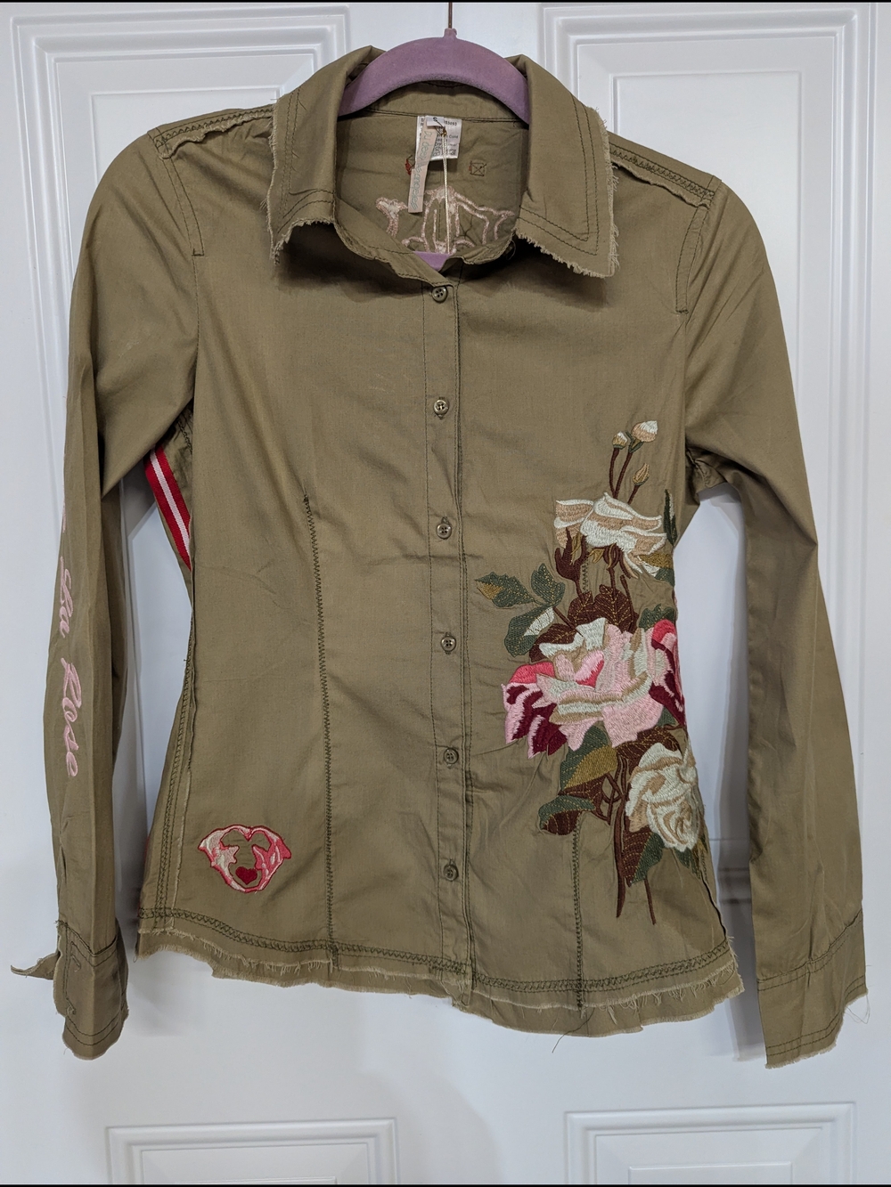 Olive Floral Embroidered on Front,Back, Side,Sleeves Frayed  Button-Up Shirt
